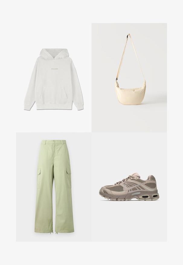 Sudadera blanca de algodón con un bolsillo frontal, puños acanalados y el logo "PEGADOR" en beige claro en el pecho.; Pantalones cargo verde claro con piernas anchas, hechos de algodón. Cuenta con dos bolsillos laterales y un cierre de botón. Textura suave y diseño casual.; Zapatilla deportiva beige con parte superior de malla, acentos moldeados, punta redondeada y amortiguación de aire visible en la suela. Cintas en tono neutro.; Bolso de hombro beige en forma de media luna con una larga correa ajustable colgando sobre un fondo liso y claro.