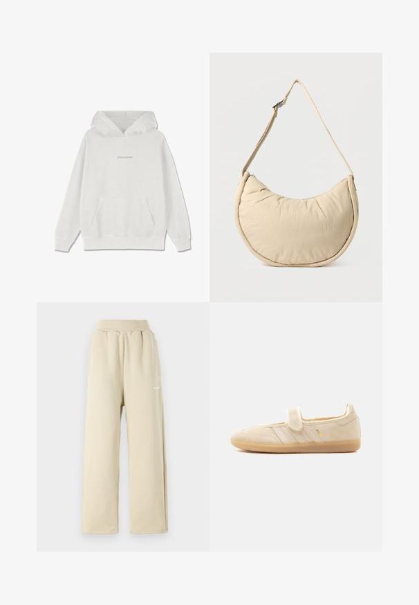 Hvid bomulds-hættetrøje med en frontlomme, ribbede manchetter og "PEGADOR" logo i lys beige tværs over brystet.; Beige brede sweatpants lavet af blødt stof, med elastisk talje, sidelommer og lille broderet logo detaljer.; Beige ruskind Mary Jane sneaker med velcrolukning, gummisål, tre syede striber og gyldent "SAMBA" branding på siden.; Beige skuldertaske i halvmåneform med en blød, polstret overflade. Har justerbar rem og lynlås langs den øverste kant.