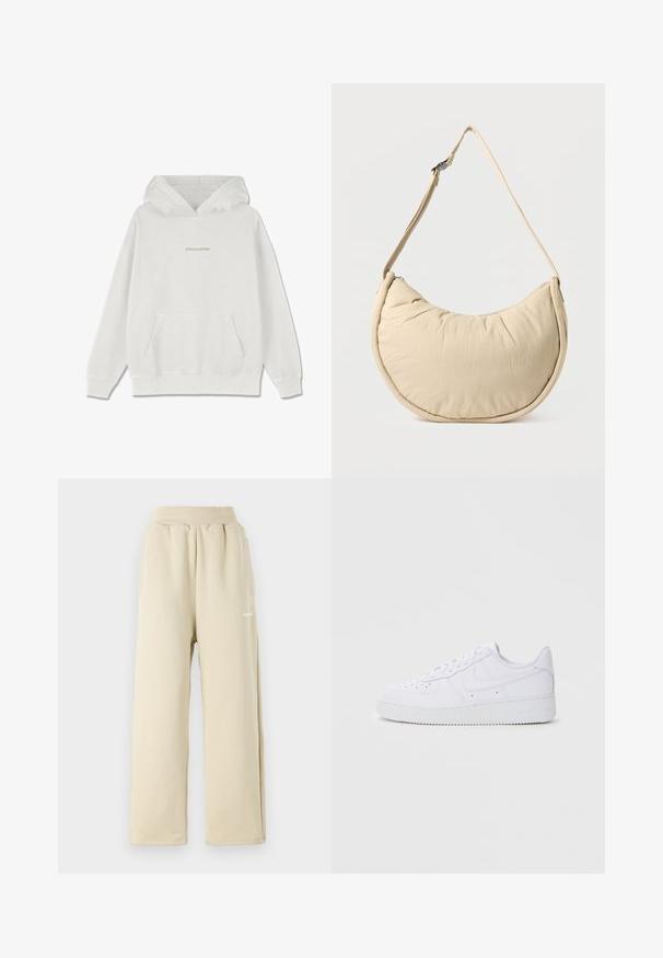 Witte katoenen hoodie met een voorzak, geribde manchetten en het "PEGADOR" logo in lichtbeige op de borst.; Beige wijde sweatpants van zachte stof, met een elastische tailleband, zijzakken en een klein geborduurd logo-detail.; Witte Nike Air Force 1 sneakers met een leren bovenwerk, ronde neus, vetersluiting, gewatteerde kraag en textuurrubberzool.; Beige schoudertas in halve maanvorm met een zachte, gewatteerde textuur. Voorzien van een verstelbare riem en een ritssluiting langs de bovenkant.