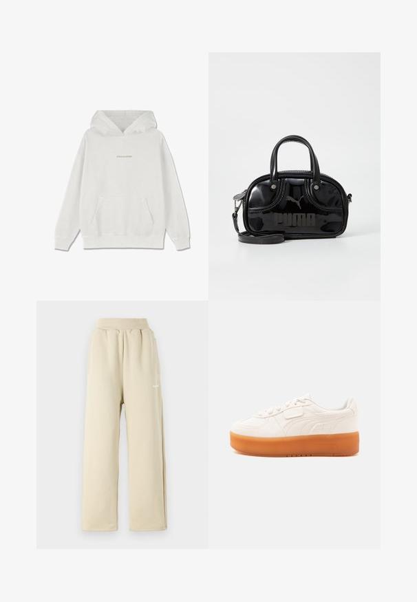 Weißer Baumwoll-Hoodie mit einer Fronttasche, gerippten Bündchen und dem "PEGADOR"-Logo in Hellbeige über der Brust.; Beige weit geschnittene Sweatpants aus weichem Stoff, mit einem elastischen Bund, seitlichen Taschen und einem kleinen bestickten Logodetail.; Weißer Sneaker mit niedrigem Schaft, Schnür- und Klettverschluss, mit dicker hellbrauner Sohle und dezenten seitlichen Nähten.; Schwarze Lacklederhandtasche mit doppelten Griffen oben, abnehmbarem Schulterriemen, runder Form und hervorgehobenem geprägten "PUMA"-Logo.
