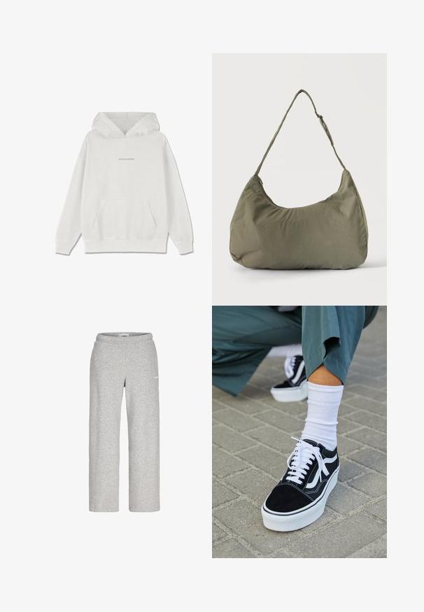 Witte katoenen hoodie met een voorzak, geribde manchetten en het "PEGADOR" logo in lichtbeige op de borst.; Lichtgrijze sweatpants met rechte pijpen, elastische tailleband en een klein wit logo op de bovenkant van het dijbeen.; Zwarte suède sneaker met witte accenten en veters, uitgerust met een dikke witte zool en contrasterende stiksels, gecombineerd met een witte sok.; Schoudertas van zacht olijfgroen stof met ritssluiting en verstelbare band op een effen lichte achtergrond.