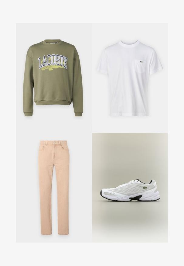Sudadera verde oliva con cuello y puños acanalados. Presenta el texto "LACOSTE" en blanco y amarillo con un gráfico de cocodrilo verde debajo.; Camiseta de algodón blanca con escote redondo y mangas cortas. Cuenta con un bolsillo en el pecho izquierdo y un pequeño logo verde de Lacoste.; Jeans rectos beige confeccionados en tejido de mezcla de algodón, con cremallera, trabillas para el cinturón y bolsillos frontales y traseros. Textura suave.; Zapatilla deportiva blanca con parte superior de malla texturizada, diseño curvado y suela exterior negra en contraste. Presenta un logo verde bordado en el lateral.