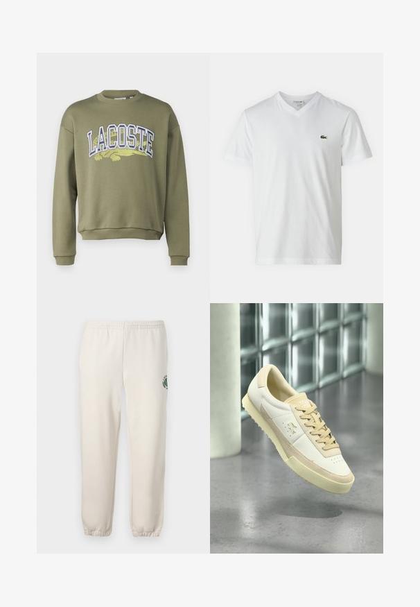 Sudadera verde oliva con cuello y puños acanalados. Presenta el texto "LACOSTE" en blanco y amarillo con un gráfico de cocodrilo verde debajo.; Camiseta blanca de algodón con cuello en V, mangas cortas y un pequeño logo de cocodrilo verde en el lado izquierdo del pecho. Diseño simple y ligero.; Pantalones de chándal de color beige claro, hechos de algodón, con una cinturilla elástica, puños acanalados y un logo verde con diseño de hoja en la pierna izquierda.; Zapatilla deportiva casual blanca y beige con cordones y suela texturizada, flotando sobre un suelo gris reflectante cerca de una pared de bloques de vidrio.