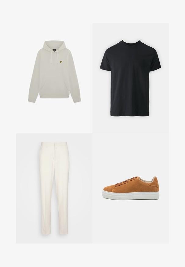 Lysebeige hættetrøje med forlommelomme og lille gul fuglelogo på venstre bryst.; Sort bomulds t-shirt med kortærmer, rund halsudskæring og en afslappet pasform. Glat tekstur og lige kant, ingen synlige grafikker eller mønstre.; Cremefarvede skræddersyede bukser med lige snit, lavet af tekstureret stof. Har bæltestikler og en lynlåslukning foran.; Tan ruskindslignende sko i afslappet stil med brune snørebånd, hvid gummisål, rund tå og minimalistisk design med en tekstureret hæl akcent.
