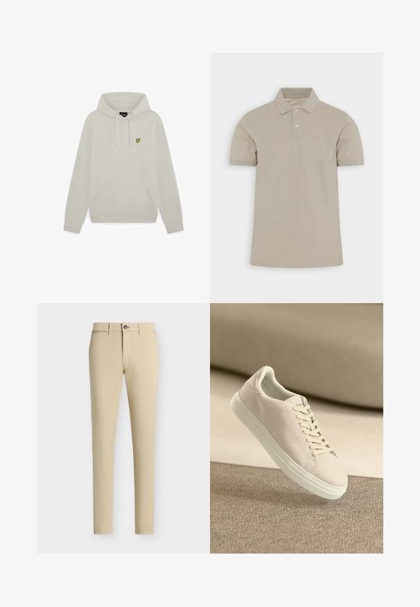 Hellbeiges Kapuzensweatshirt mit Fronttasche und kleinem gelbem Vogel-Logo auf der linken Brust.; Beige Poloshirt mit kurzen Ärmeln aus Baumwolle, mit Kragen, zwei Knöpfen und einem tonal gestickten Logo auf der linken Brust. Glatte Textur.; Beige, schlank geschnittene Hose mit Gürtelschlaufen, vorderer Knopfleiste und aufgesetzten Taschen auf einfachem Hintergrund.; Beige Wildleder-Sneaker mit weißer Sohle und Schnürsenkeln, die über einem strukturierten beigen Teppich vor einem sanften beigen Hintergrund schwebt.
