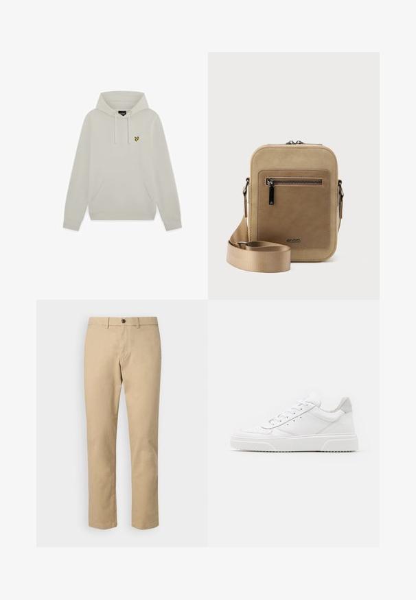 Lichtbeige hoodie met voorzak en klein geel vogel logo op de linkerborst.; GAP SLIM PERFORMANCE STRETCH - Chino - khaki; Witte leren sneakers met een gladde afwerking, ronde neus, platte veters en een gestructureerde zool. Grijze suède accent bij de hiel.; Kleine beige crossbodytas met een voorvak met ritssluiting, metalen ALDO-logo, verstelbare brede band en afgeronde rechthoekige vorm op een witte achtergrond.
