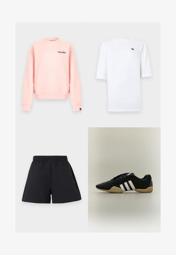 Sweat-shirt rose clair à col rond avec manches longues, poignets et ourlet côtelés, et petit logo noir « ellesse » sur la poitrine gauche et le poignet.; T-shirt blanc Adidas à manches courtes avec petit logo trèfle noir sur la poitrine gauche.; Shorts décontractés noirs avec taille élastique et poches latérales, présentés à plat sur un fond blanc.; Chaussure de sport noire avec des bandes blanches et une semelle beige texturée sur un fond neutre, vue de profil.