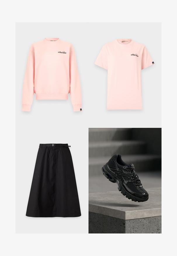 Sweat-shirt rose clair à col rond avec manches longues, poignets et ourlet côtelés, et petit logo noir « ellesse » sur la poitrine gauche et le poignet.; T-shirt rose clair à manches courtes avec col rond, petit logo "ellesse" noir sur le côté gauche de la poitrine, et une étiquette noire avec le logo sur la manche gauche.; Jupe noire en ligne A avec ceinture intégrée et boucle, avec une petite étiquette logo sur le côté droit de la ceinture.; Chaussure de course noire Nike avec tige en mesh et synthétique flottant au-dessus d'une surface en béton avec des marches en arrière-plan.