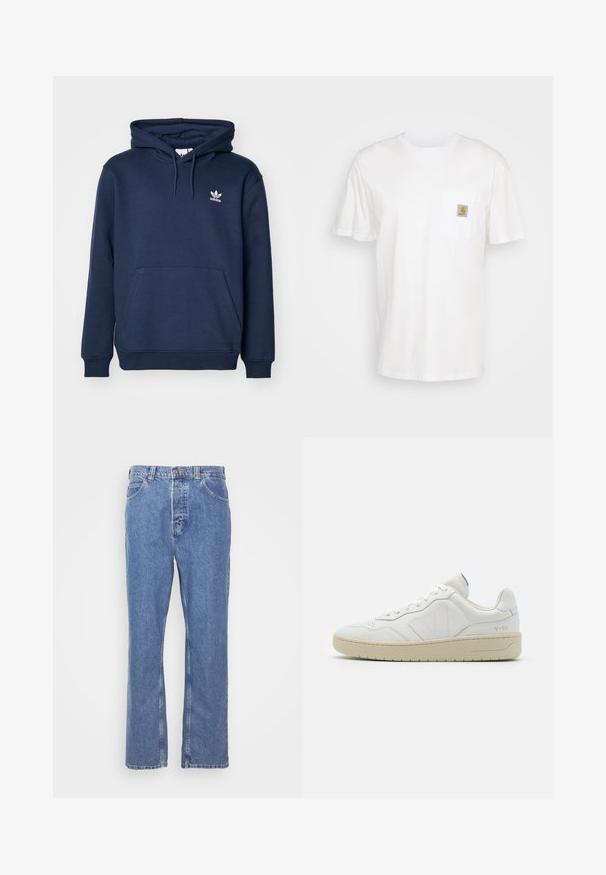 Navyblauer Hoodie aus weichem Material mit einer Kängurutasche, Kapuze mit Kordelzug und einem kleinen weißen Adidas-Logo auf der Brust.; Weißes Baumwoll-T-Shirt mit kurzen Ärmeln, einer Brusttasche und einem kleinen quadratischen Logopatch in Orange und Weiß auf der Tasche.; Blaue Denim-Jeans mit geradem Schnitt, fünf Taschen, Gürtelschlaufen und Knopfverschluss. Der Stoff hat eine weiche, strukturierte Oberfläche.; Weiße Leder-Sneaker mit strukturierter Oberfläche und gepolstertem Kragen. Sie verfügen über eine beigen Gummisohle und dezente Markenkennzeichnung an der Ferse und an der Seite.