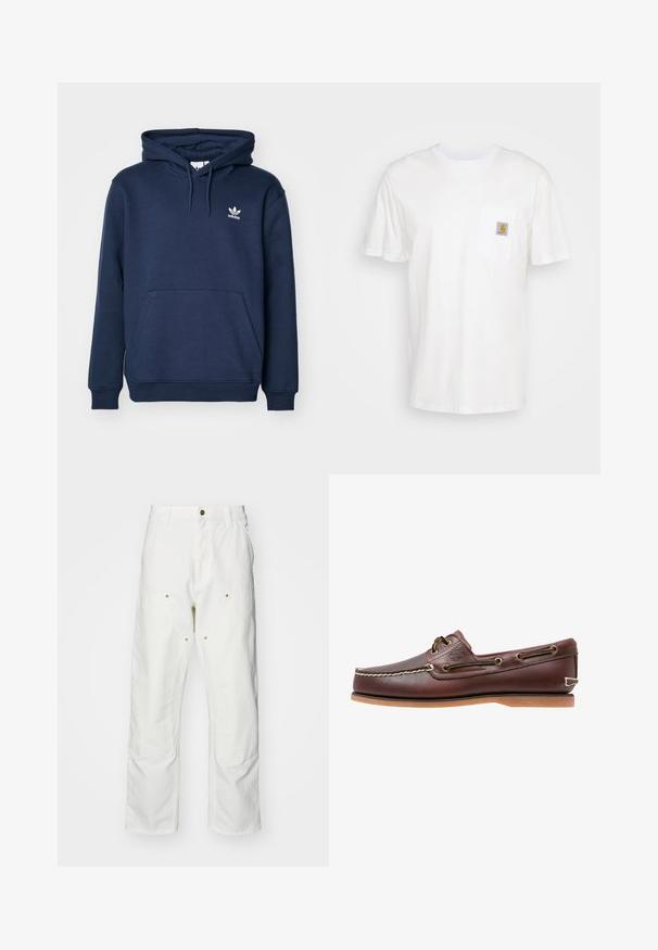 Námornícky modrá mikina s kapucňou vyrobená z mäkkého materiálu, ktorá má klokanie vrecko, kapucňu so šnúrkou a malé biele logo Adidas na hrudi.; Biele bavlnené tričko s krátkymi rukávmi, vreckom na hrudi a malou štvorcovou nášivkou v oranžovej a bielej farbe na vrecku.; Biele bavlnené cargo nohavice s voľným strihom. Medzi vlastnosti patrí predné vrecká, zlaté detaily a zosilnené kolenné časti.; Hnedá kožená lodná topánka s bielym prešívaním, detailmi na šnúrky a svetlohnedou gumovou podrážkou, zobrazená z boku na bielom pozadí.