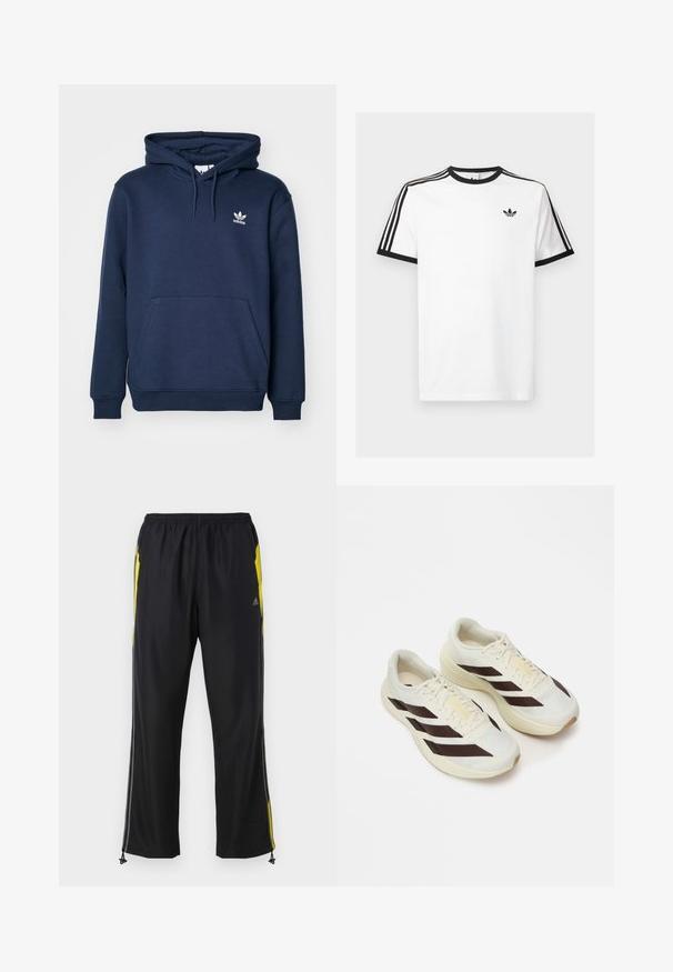 Navyblauer Hoodie aus weichem Material mit einer Kängurutasche, Kapuze mit Kordelzug und einem kleinen weißen Adidas-Logo auf der Brust.; Weißes Baumwoll-T-Shirt mit schwarzem Rippenkragen und Ärmeln, mit drei schwarzen Streifen auf jeder Schulter und einem kleinen Logo auf der Brust.; Schwarze Sporthosen mit gelben Seitenakzenten, elastischem Bund und mit Reißverschlüssen versehenen Seitentaschen. Hergestellt aus leichtem, glattem Stoff.; Helle Laufcremeschuhe mit dunkelbraunen diagonalen Streifen, strukturiertem Mesh-Obermaterial und gepolsteter Sohle. Mit gelbem "ADIZERO" Branding.