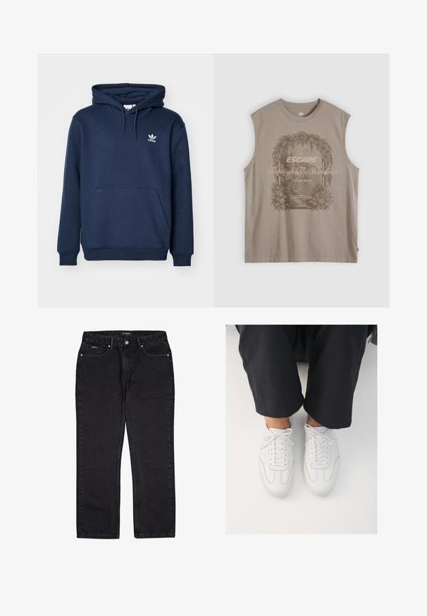 Tumed sinine kapuutsiga sviiter, mis on valmistatud pehmest materjalist, sisaldab känguru taskut, päikesevarjuga kapuutsi ja väikest valget Adidas logo rinnal.; Varrukateta beež top vintage-stiilis lille- ja looduse aknaraami graafikuga, millel on kiri „PAANEr Unistus minu hinge kaudu akna."; Mustadest denimist püksid sirge säärega disainiga, viie taskuga ja hõbedase riistvaraga. Kanga tekstuur on pehme ja kergelt sädelev.; Valged nahast tossud, millel on sile tekstuur, ümar varvas ja klassikaline nöörimis süsteem, paiknevad tumedate, vabalt istuvate pükste kohal.