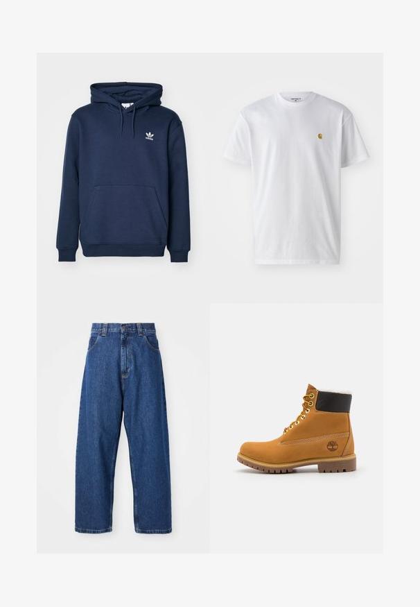 Námornícky modrá mikina s kapucňou vyrobená z mäkkého materiálu, ktorá má klokanie vrecko, kapucňu so šnúrkou a malé biele logo Adidas na hrudi.; Biele bavlnené tričko s krátkymi rukávmi, okrúhlym výstrihom, s malým zlatým logom na ľavej strane hrude. Mäkká textúra a normálny strih.; Džínsy s širokými nohavicami v tmavomodrej farbe. Majú vysoký pás, vypchávky na opasok a klasický dizajn s piatimi vreckami. Šitý lem s čistým zakončením.; Hnedé kožené ankle boot s kovovými očkami, bielym kožúškom vo vnútri, čiernym vypolstrovaným golierom, robustnou podrážkou a vyrazeným logom na boku.