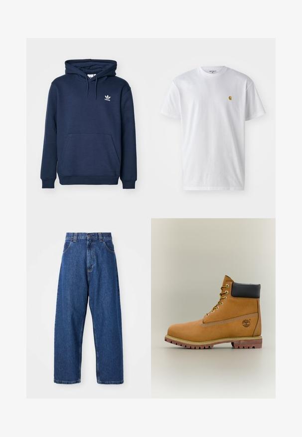Tumed sinine kapuutsiga sviiter, mis on valmistatud pehmest materjalist, sisaldab känguru taskut, päikesevarjuga kapuutsi ja väikest valget Adidas logo rinnal.; Valge puuvillane t-särk lühikeste varrukatega, ümmargune kaelus, millel on väike kuldne logo vasakul rinnal. Pehme tekstuur ja regulaarne lõike.; Tumesinine laiad teksapüksid. Omavad kõrget vööd, vöösooniseid ja klassikalist viit tasku. Õmmeldud äär ja puhas viimistlus.; Pruun nahast pahkluu saabas musta kraega, kollaste paelte ja beežide tallaga. Omab logo ja valge õmbluse detaile. Tugeva haardega välistald.