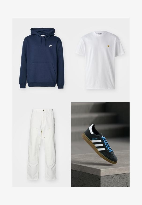 Marineblå hoodie lavet af blødt materiale, som har en kængurulomme, snoretræk i huen og et lille hvidt Adidas-logo på brystet.; Hvid bomulds t-shirt med korte ærmer, rund hals og et lille guld logo på venstre brystområde. Blød tekstur og almindelig pasform.; Hvide bomulds cargo bukser med en afslappet pasform. Funktioner inkluderer for- og baglommer, guldfarvede hardware detaljer og forstærkede knæsektioner.; Sort Adidas sneaker med hvide striber, blå snørebånd og gummisål, der svæver over gråt betontrin i blødt lys.
