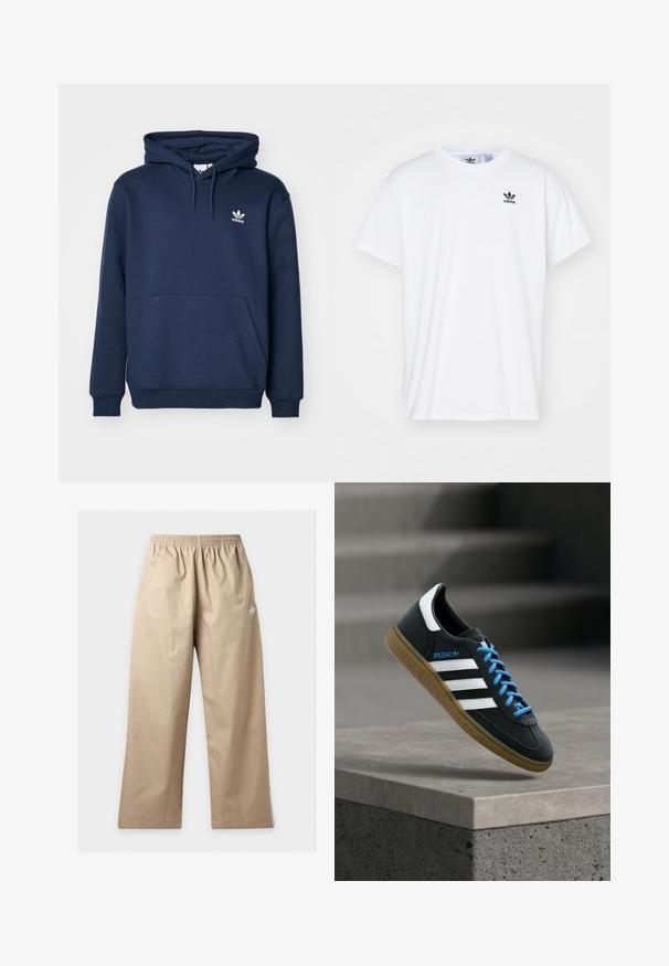 Sudadera de color azul marino fabricada en material suave, con un bolsillo tipo canguro, capucha con cordón y un pequeño logo blanco de Adidas en el pecho.; Camiseta blanca de algodón con mangas cortas, escote redondo y un logo negro de Adidas con tres franjas en la zona del lado izquierdo del pecho.; Pantalones beige de pierna ancha con cintura elástica y pequeño logo blanco de Adidas en la parte superior del muslo izquierdo, mostrados sobre un fondo liso.; Zapatilla negra Adidas con franjas blancas, cordones azules y suela de goma flotando sobre un escalón de hormigón gris con luz suave.
