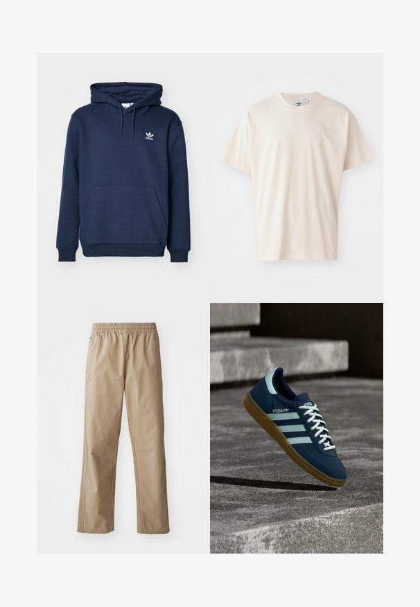 Tumed sinine kapuutsiga sviiter, mis on valmistatud pehmest materjalist, sisaldab känguru taskut, päikesevarjuga kapuutsi ja väikest valget Adidas logo rinnal.; Kreemist puuvillast T-särk, millel on ümar kaelus ja lühikesed varrukad; esiküljel on väike, heledavärviline logo.; Beežid, kerged püksid elastse vöökohaga, sirgete säärte ja küljetaskutega. Sile tekstuur peente õmblusedetailidega.; Sinine Adidas Spezial tennisk, valgete triipude ja paeltega, kummist tallaga, hõljub kareda betoonpinna ja sammude kohal taustal.