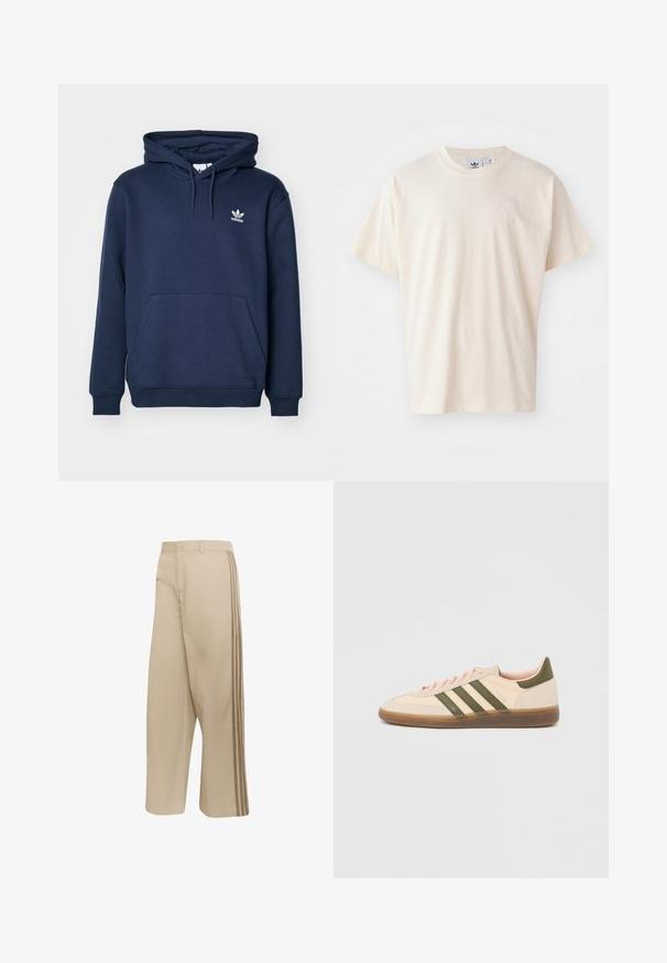 Sudadera de color azul marino fabricada en material suave, con un bolsillo tipo canguro, capucha con cordón y un pequeño logo blanco de Adidas en el pecho.; Camiseta de algodón color crema con cuello redondo y mangas cortas; presenta un pequeño logo de color claro en el pecho.; Pantalones beige de pierna ancha con cierre de botón y cremallera, con tres rayas laterales en beige más oscuro a lo largo de las costuras exteriores.; Zapatilla Adidas Spezial beige de perfil bajo con rayas verdes, suela de goma y la marca "SPEZIAL" en el lateral, vista desde el lado exterior.