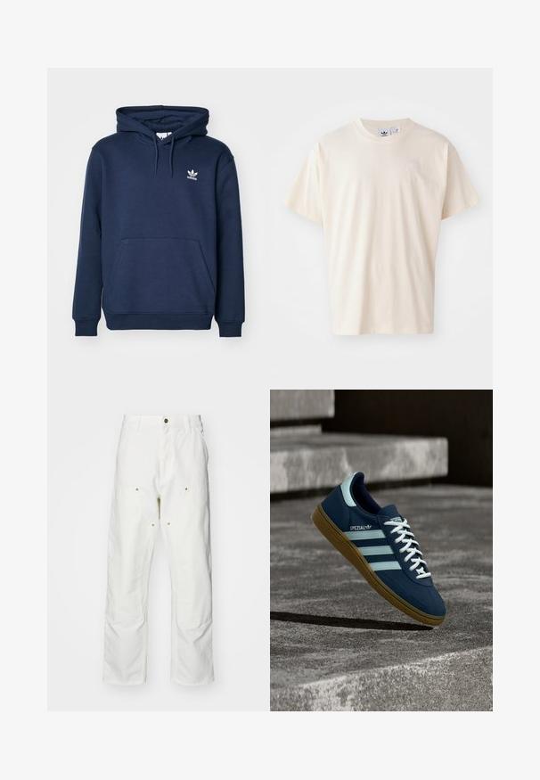Navyblauer Hoodie aus weichem Material mit einer Kängurutasche, Kapuze mit Kordelzug und einem kleinen weißen Adidas-Logo auf der Brust.; Cremfarbene Baumwoll-T-Shirt mit rundem Halsauschnitt und kurzen Ärmeln; verfügt über ein kleines, helles Logo auf der Brust.; Weiße Baumwoll-Cargohose mit lockerer Passform. Zu den Merkmalen gehören Fronttaschen, goldfarbene Hardware-Akzente und verstärkte Kniebereiche.; Blauer Adidas Spezial Sneaker mit weißen Streifen und Schnürsenkeln, Gummisohle, schwebend über rauer Betonoberfläche und Treppen im Hintergrund.