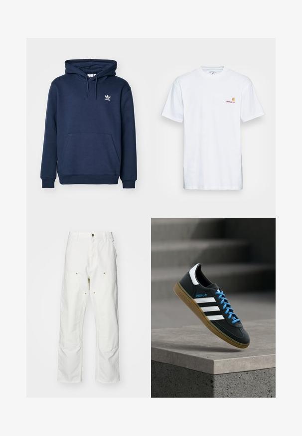 Tumed sinine kapuutsiga sviiter, mis on valmistatud pehmest materjalist, sisaldab känguru taskut, päikesevarjuga kapuutsi ja väikest valget Adidas logo rinnal.; Valge puuvillane T-särk lühikeste varrukatega. Disainitud väikese oranži ja marooni logoga vasakul rinnal. Omab klassikalist ümarat kaelust.; Valged puuvillased cargo püksid, millel on mugav lõige. Omadusteks on esikotid, kuldse riistvara aktsendid ja tugevdatud põlveosad.; Must Adidas toss valgete triibu, siniste paelte ja kummist tallaga, hõljuv pehme valgusega halli betoonastme kohal.