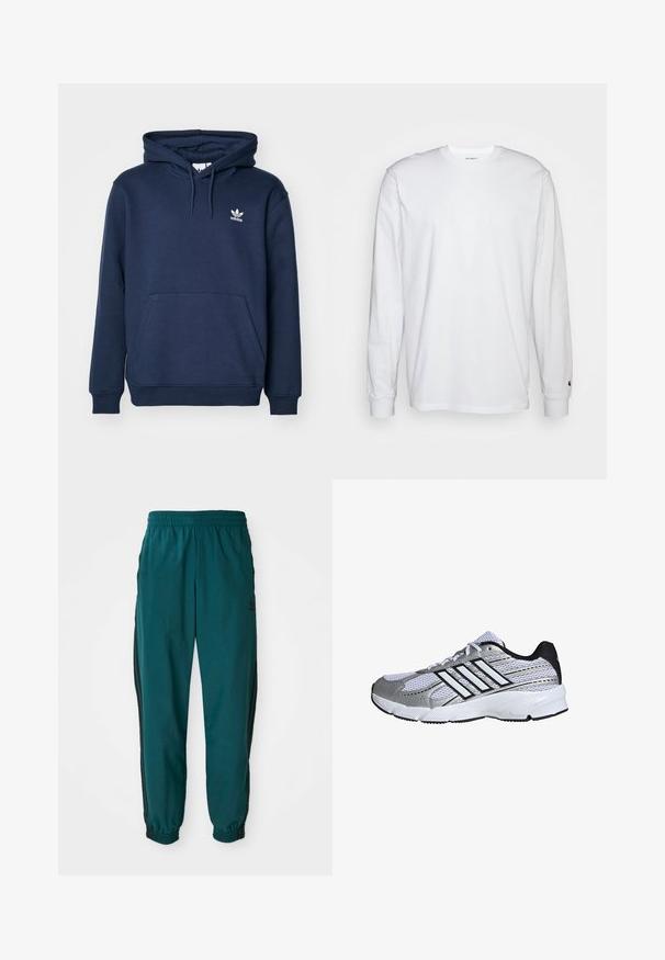 Námornícky modrá mikina s kapucňou vyrobená z mäkkého materiálu, ktorá má klokanie vrecko, kapucňu so šnúrkou a malé biele logo Adidas na hrudi.; Biela dlhá bavlnená tričko s dlhým rukávom. Dizajn s okrúhlym výstrihom a rebrovanými manžetami, malá nášivka na ľavom rukáve. Hladká textura.; Tyrkysové športové nohavice s viazaním v páse, elastickými manžetami a bočnými čiernymi pruhmi. Vyrobené z ľahkej tkaniny, s logom blízko bedra.; Mriežkovaná športová obuv v bielej a striebornej farbe, s čiernymi detailmi, logom troch bielych pruhov, polstrovaným golierom a textúrovanou gumovou podrážkou.