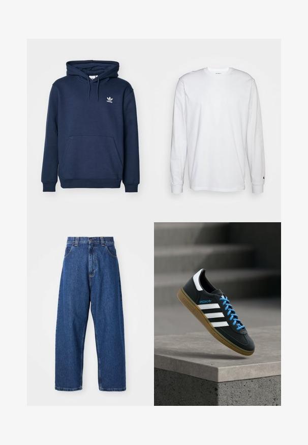 Navyblauer Hoodie aus weichem Material mit einer Kängurutasche, Kapuze mit Kordelzug und einem kleinen weißen Adidas-Logo auf der Brust.; Weißes Langarm-T-Shirt aus Baumwolle. Rundhals-Design mit gerippten Bündchen und kleinem Logo auf dem linken Ärmel. Glatte Textur.; Weite Jeans aus Denim in Dunkelblau. Hohe Taille, Gürtelschlaufen und klassisches Fünf-Taschen-Design. Gestickter Saum mit sauberem Finish.; Schwarzer Adidas-Sneaker mit weißen Streifen, blauen Schnürsenkeln und Gummisohle, der über einer grauen Betontreppe im weichen Licht schwebt.