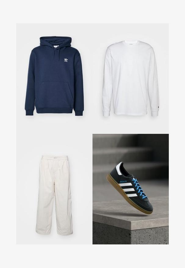 Navyblauer Hoodie aus weichem Material mit einer Kängurutasche, Kapuze mit Kordelzug und einem kleinen weißen Adidas-Logo auf der Brust.; Weißes Langarm-T-Shirt aus Baumwolle. Rundhals-Design mit gerippten Bündchen und kleinem Logo auf dem linken Ärmel. Glatte Textur.; Weiße Baumwoll-Hosen mit weitem Bein und elastischem Bund, ausgestattet mit einem vorderen Knopfverschluss und seitlichen Taschen. Glatte Textur und minimalistisches Design.; Schwarzer Adidas-Sneaker mit weißen Streifen, blauen Schnürsenkeln und Gummisohle, der über einer grauen Betontreppe im weichen Licht schwebt.