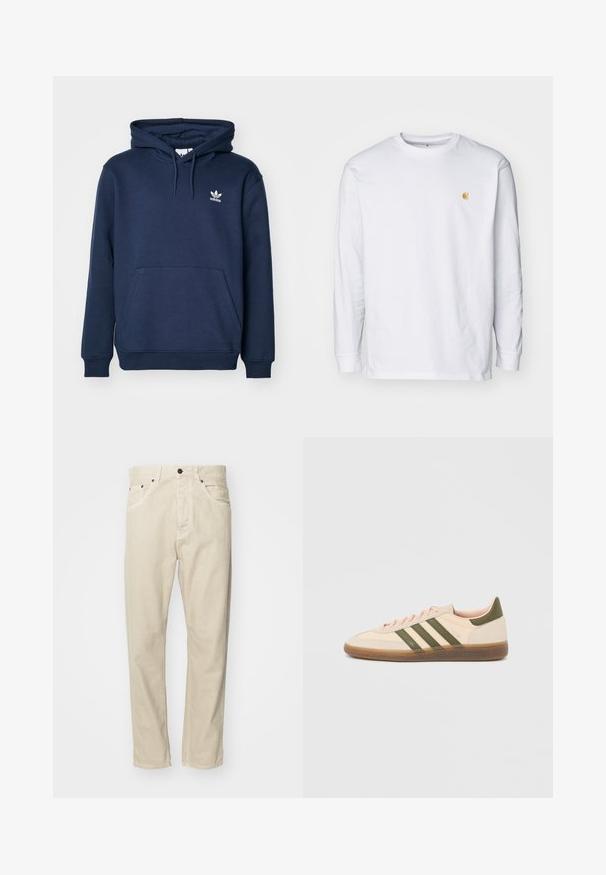 Sudadera de color azul marino fabricada en material suave, con un bolsillo tipo canguro, capucha con cordón y un pequeño logo blanco de Adidas en el pecho.; Camiseta de manga larga blanca de algodón. Cuenta con un pequeño logo dorado en el pecho y un cuello redondo. Diseño simple y corte estándar.; Pantalones de algodón beige con diseño de pierna recta, cinco bolsillos y acentos de metal. Textura suave con detalles de costura mínimos.; Zapatilla Adidas Spezial beige de perfil bajo con rayas verdes, suela de goma y la marca "SPEZIAL" en el lateral, vista desde el lado exterior.