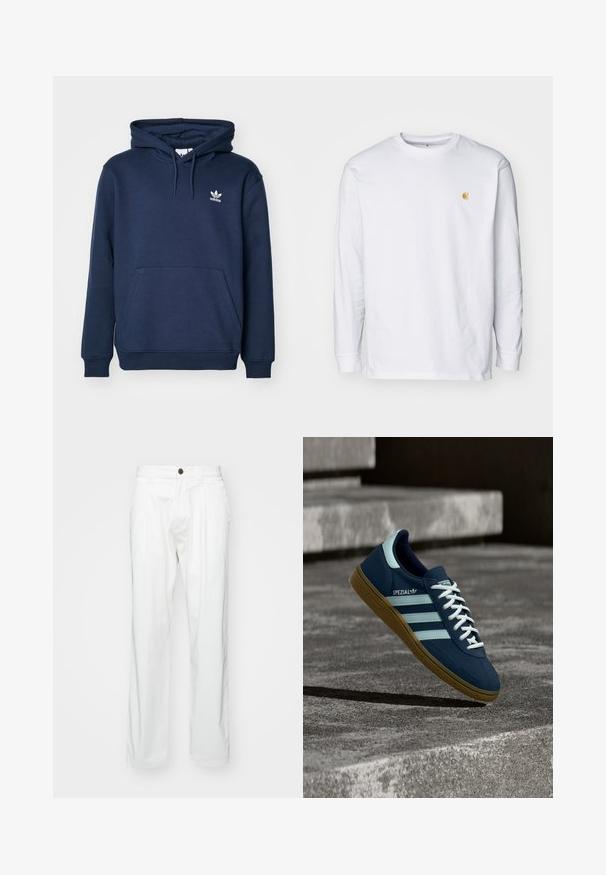 Navyblauer Hoodie aus weichem Material mit einer Kängurutasche, Kapuze mit Kordelzug und einem kleinen weißen Adidas-Logo auf der Brust.; Weißes Langarm-T-Shirt aus Baumwolle. Mit kleinem goldenem Logo auf der Brust und Rundhalsausschnitt. Einfaches Design und normale Passform.; Weiße Baumwollhosen mit lockerer Passform, ausgestattet mit einem Knopfverschluss, zwei vorderen Falten und Seitentaschen. Glatte Textur, ohne Muster.; Blauer Adidas Spezial Sneaker mit weißen Streifen und Schnürsenkeln, Gummisohle, schwebend über rauer Betonoberfläche und Treppen im Hintergrund.