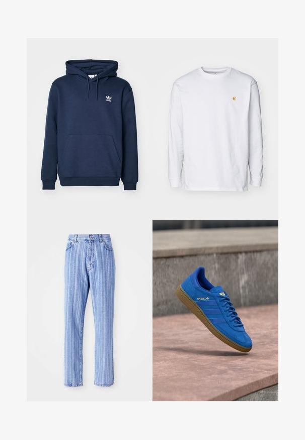 Tumed sinine kapuutsiga sviiter, mis on valmistatud pehmest materjalist, sisaldab känguru taskut, päikesevarjuga kapuutsi ja väikest valget Adidas logo rinnal.; Valge pika varrukaga T-särk, mis on valmistatud puuvillast. Rinnal on väike kuldne logo ja ümar kaelus. Lihtne disain ja standardne lõige.; Heledad sinised teksad, millel on vertikaalsed valged triibud, sirge lõikega, viie-tasku stiilis ja nööbiga sulgemine vöökohtades.; Sinine Adidas Spezial toss kummist tallaga, paelad seotud, ripub sileda kivipinna kohal halli betoonseina lähedal.