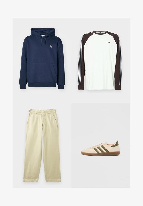 Marineblå hoodie lavet af blødt materiale, som har en kængurulomme, snoretræk i huen og et lille hvidt Adidas-logo på brystet.; Hvid langærmet skjorte med brune raglanærmer. Har blå og hvide stribede detaljer på ærmerne og et lille logo på brystet.; Beige bomuldsbukser med en afslappet pasform, der har sidelommer, bæltestropper og lige ben. Glat tekstur med minimale syningsdetaljer.; Beige Adidas Spezial sneaker med lav profil, grønne striber, gummisål og "SPEZIAL"-branding på siden, vist fra ydersiden.