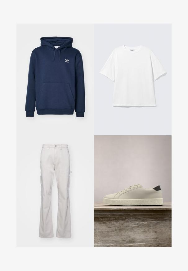 Navyblauer Hoodie aus weichem Material mit einer Kängurutasche, Kapuze mit Kordelzug und einem kleinen weißen Adidas-Logo auf der Brust.; Weißes oversized T-Shirt mit kurzen Ärmeln und Rundhalsausschnitt mit eingesetzten Schultern, flach auf hellgrauem Hintergrund.; Helle graue Cargo-Hosen mit geradem Bein-Design, ausgestattet mit Seitentaschen und einem Knopfverschluss. Hergestellt aus robustem, strukturiertem Stoff.; Weißer Sneaker mit strukturierter Sohle und schwarzem Absatzdetail, schwebend über einer Holzbank mit hohem grünem Gras im Hintergrund.