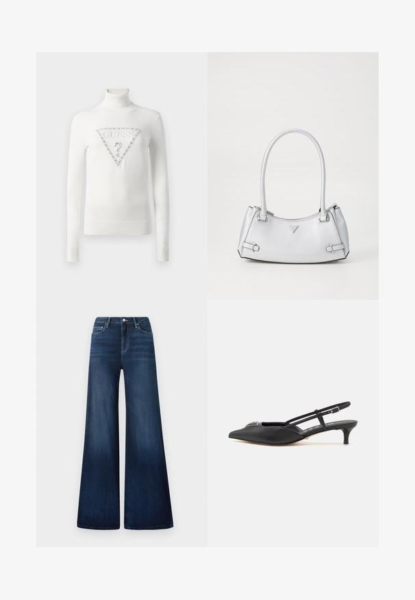 Pullover blanc à col roulé avec des poignets et un ourlet côtelés, arborant un logo Guess en forme de triangle orné de cristaux et accompagnés d'un point d'interrogation à l'avant.; Jeans larges bleu marine à taille haute, en denim, avec un léger délavage, des poches avant et une fermeture à bouton classique.; Chaussures noires à talon slingback avec un bout pointu, en matériau lisse, dotées d'un petit talon et d'un accent décoratif en argent sur le dessus.; Sac à main argenté avec un design structuré, doté de deux poignées, d'une texture brillante, de quincaillerie accentuée et d'un logo triangulaire sur le devant.