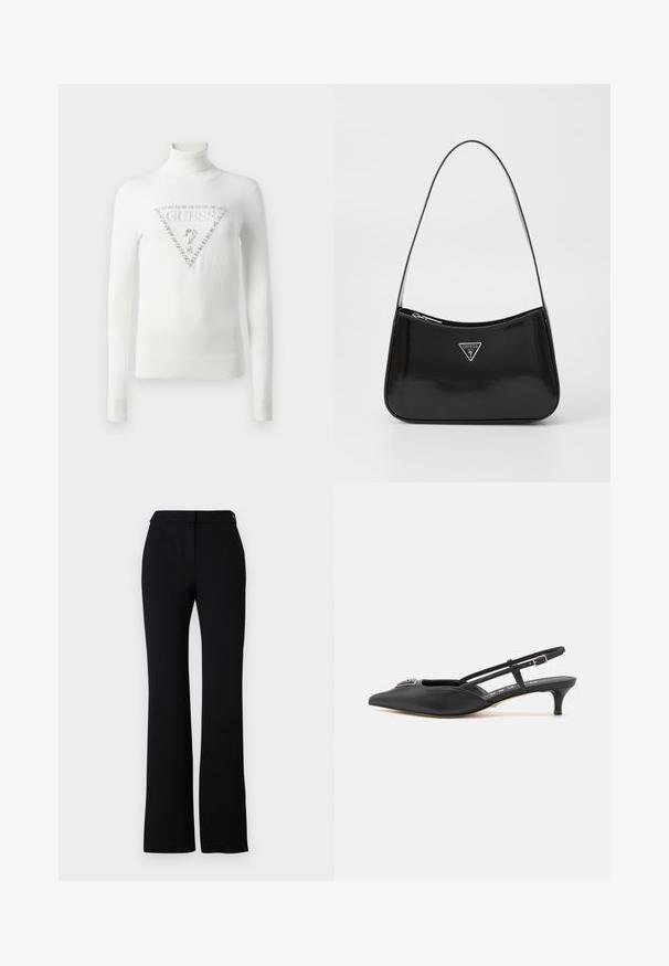 Pullover blanc à col roulé avec des poignets et un ourlet côtelés, arborant un logo Guess en forme de triangle orné de cristaux et accompagnés d'un point d'interrogation à l'avant.; Pantalons noirs à coupe droite, texture lisse et taille avec une fermeture à bouton unique. Pas de motifs ou d'accents visibles.; Chaussures noires à talon slingback avec un bout pointu, en matériau lisse, dotées d'un petit talon et d'un accent décoratif en argent sur le dessus.; Sac à épaule en cuir verni noir avec une forme incurvée, présentant un logo triangle en argent et une fermeture éclair. Texture lisse et bandoulière fine.