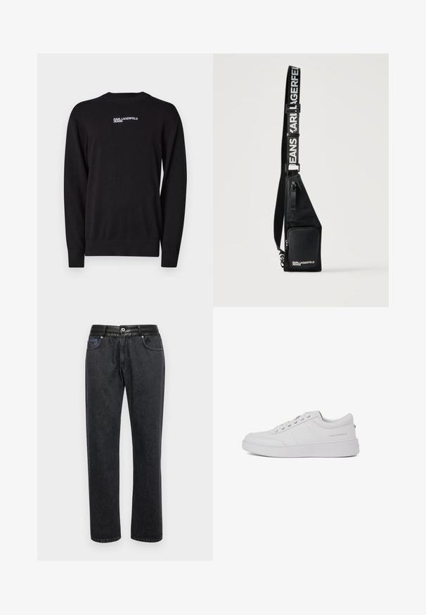 Schwarzer Strickpullover mit Rundhalsausschnitt, gerippten Bündchen und Saum, sowie einem weißen "KARL LAGERFELD JEANS" Logo auf der oberen Vorderseite.; Schwarze Jeans aus Denim mit geradem Schnitt, ausgestattet mit einem glatten Lederbund, Vorderaschen und dezenten Steppnähten.; Weiße Leder-Sneaker mit klassischem Low-Top-Design, flacher Sohle und dezentem Markenlogo an der Ferse. Verfügt über fünf Metallösen für die Schnürsenkel.; Schwarze Umhängetasche mit vorderer Reißverschlusstasche und verstellbarem Riemen, bedruckt mit "KARL LAGERFELD JEANS" in weißen Buchstaben.