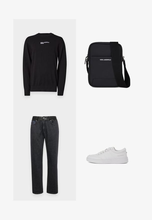 Sort striktrøje med rund halsudskæring, ribkantede manchetter og kant, med hvid "KARL LAGERFELD JEANS" logo på den øverste front.; Sorte denim jeans med lige pasform, der har en glat lædertalje, forlommer og diskrete syninger.; Hvide lædersneakers med et klassisk lavtop-design, flad sål og subtilt brandlogo på hælen. Har fem metaløjer til snørebånd.; Sort rektangulær skuldertaske med justerbar rem, frontlomme og "KARL LAGERFELD" logo i hvid tekst.