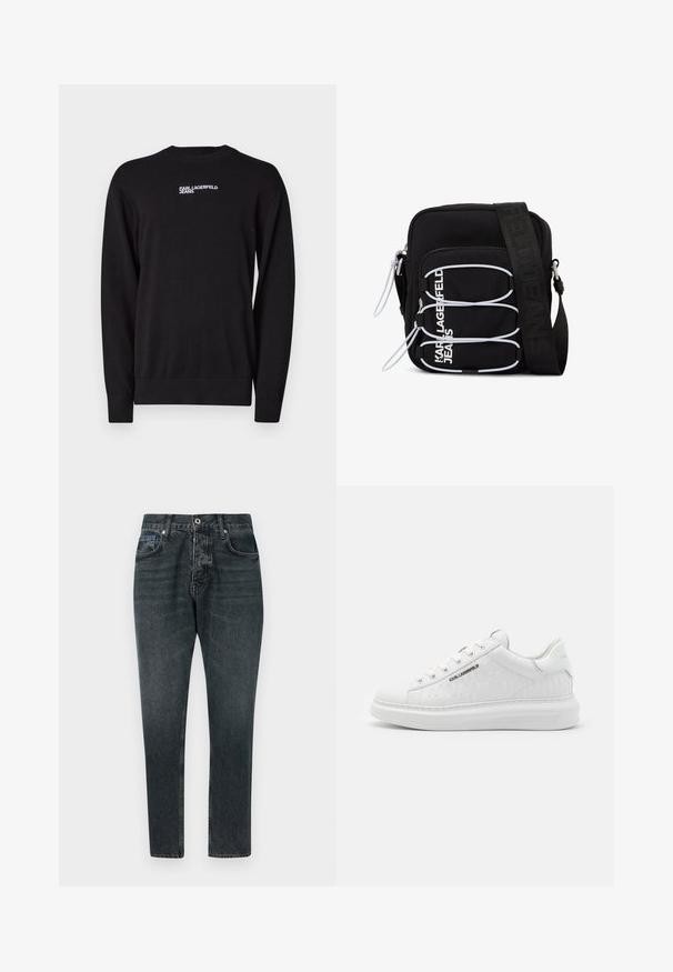 Čierny pletený sveter s okrúhlym výstrihom, rebrovanými manžetami a spodným okrajom, s bielym logom "KARL LAGERFELD JEANS" na hornej časti prednej strany.; Tmavo šedé džínsy s rovnými nohavicami, piatimi vreckami, zapínaním na gombík a jemným vyblednutím. Vyrobené z bavlny s hladkou textúrou.; Biele tenisky vyrobené z hladkej kože s embosovaným vzorom. Majú okrúhlu špičku, šnurovanie v prednej časti a textúrovanú podrážku. Strieborný detail loga na boku.; Čierna kabelka cez rameno s bielymi elastickými slučkami, zipsami a bielym nápisom „KARL LAGERFELD JEANS“ na prednom vrecku.