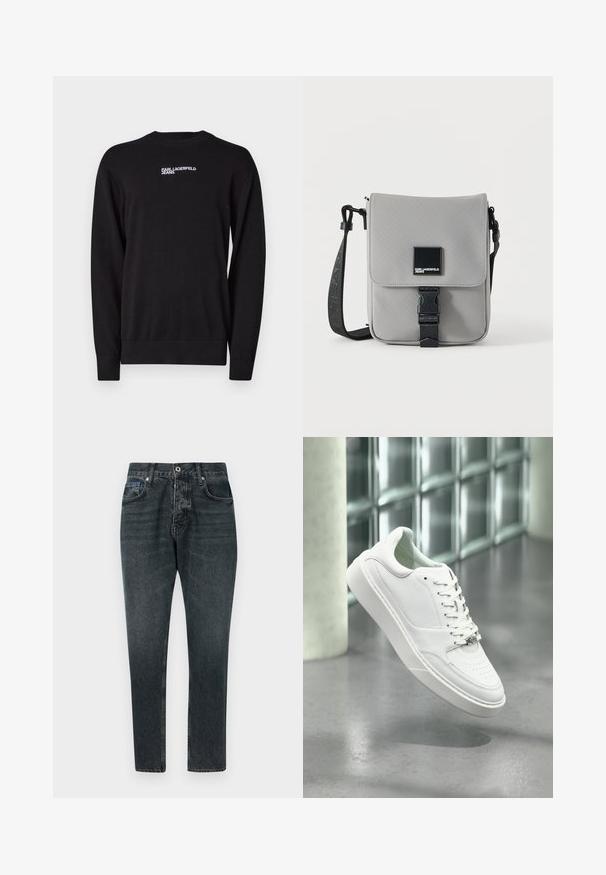 Musta neulepaita, jossa on pyöreä kaula-aukko, ribbaatut hihat ja helma, sekä valkoinen "KARL LAGERFELD JEANS" -logo etupaneelissa.; Tummanharmaat farkut suoran lahkeen muotoilulla, viidellä taskulla, napilla kiinnitettävä ja hienovaraisesti haalistunut. Valmistettu puuvillasta, jonka pinta on sileä.; Valkoinen nahkainen tennari pyöreällä kärjellä, nauhallisella edessä ja tasaisella kumipohjalla. Siinä on rei'itetyt yksityiskohdat ja hillitty logokoriste.; Harmaa olkalaukku, jossa musta säädettävä hihna, etukansi mustalla soljella kiinnitetty, neliönmuotoinen Karl Lagerfeld Jeans -logon merkeillä.