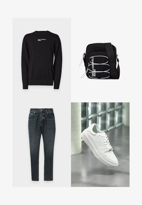 Sort striktrøje med rund halsudskæring, ribkantede manchetter og kant, med hvid "KARL LAGERFELD JEANS" logo på den øverste front.; Mørkegrå denim jeans med lige ben design, fem lommer, knaplukning og diskret falming. Lavet af bomuld med en glat tekstur.; Hvid sneakers i læder med rundet snude, snørelukning foran og flad gummisål. Har perforerede detaljer og subtilt logoaccent.; Sort skuldertaske med hvide elastiske løkker, lynlåstræk og hvid "KARL LAGERFELD JEANS" tekst på frontlommen.