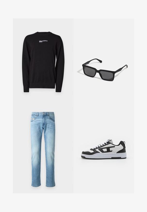 Schwarzer Strickpullover mit Rundhalsausschnitt, gerippten Bündchen und Saum, sowie einem weißen "KARL LAGERFELD JEANS" Logo auf der oberen Vorderseite.; Helles blaues Straight-Leg-Jeans mit verwaschenen Details, Knopfverschluss vorne und Fünf-Taschen-Design vor einem schlichten weißen Hintergrund.; Schwarze und weiße Sneaker mit Obermaterial aus strukturiertem Leder, gepolstertem Schuhkragen, runder Zehenpartie und kontrastierender Gummisohle. Inklusive weißer Schnürsenkel und Logodetail.; Schwarze Sonnenbrille mit rechteckigen Gläsern, mattem Finish, dickem Rahmen und schlanken Bügeln mit dezentem Branding-Detail.