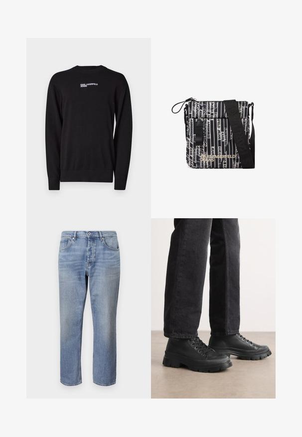 Musta neulepaita, jossa on pyöreä kaula-aukko, ribbaatut hihat ja helma, sekä valkoinen "KARL LAGERFELD JEANS" -logo etupaneelissa.; Vaaleansiniset farkut suoran leikkauksen, viiden taskun muotoilun, näkyvän tikkausompelun ja nappikiinnityksen kanssa vyötäröllä.; Mustat nauhavedettävät tennarit, joissa on paksu, tekstuurilla varustettu pohja ja sileä päällinen. Varustettu metallisilla silmukoilla ja ribbaustekstuuri varpaiden ympärillä.; Olkalaukku, jossa on mustia ja beigejä pystysuoria raitoja sekä toistuva "Karl Lagerfeld Jeans" -teksti, musta säädettävä hihna ja etutasku vetoketjulla.