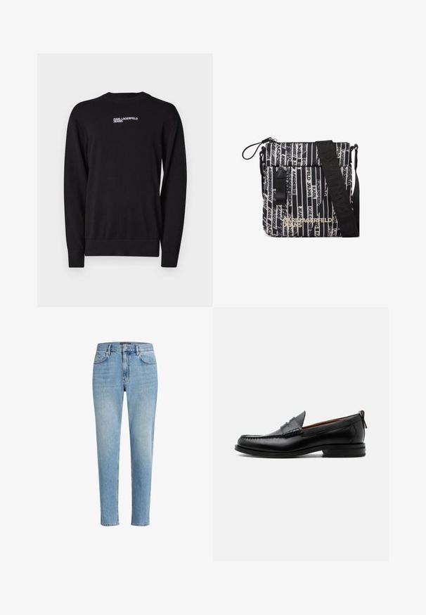Čierny pletený sveter s okrúhlym výstrihom, rebrovanými manžetami a spodným okrajom, s bielym logom "KARL LAGERFELD JEANS" na hornej časti prednej strany.; Svetlomodré džínsy s uvoľneným strihom, päť vrecúškovým dizajnom a jemným efektom opotrebovania. Obsahujú označkovanú nášivku pri páse.; Čierny kožený pánsky mokasín s prešitím moc toe, penny remienkom, textúrovaným golierom a nízkym vrstveným podpätkom na bielom pozadí.; Crossbody taška s čiernymi a béžovými vertikálnymi pruhmi a opakujúcim sa textom „Karl Lagerfeld Jeans“, čiernym nastaviteľným popruhom a predným vreckom so zipsom.
