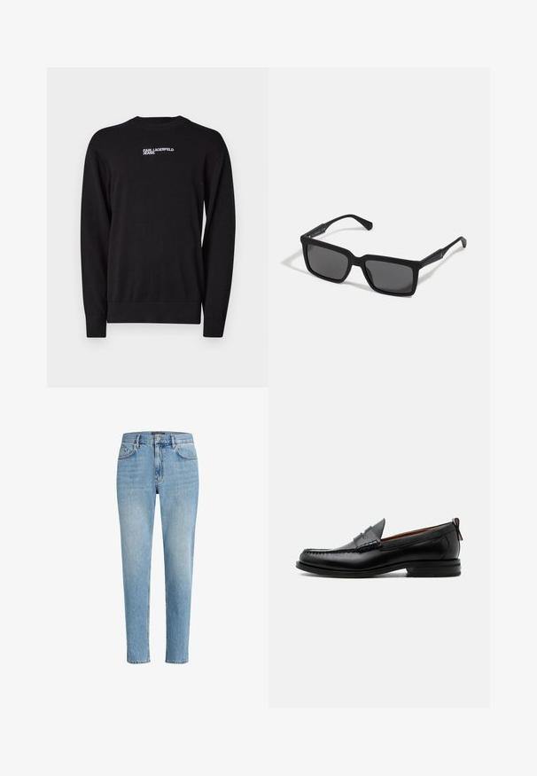 Suéter negro de punto con cuello redondo, puños y dobladillo acanalados, y logotipo blanco "KARL LAGERFELD JEANS" en la parte superior delantera.; Jeans de mezclilla azul claro con un ajuste relajado, diseño de cinco bolsillos y un ligero desgaste. Presenta una etiqueta de marca cerca de la cintura.; Mocasín de hombre de piel negra con costura moc toe, tira penny, cuello texturizado y tacón bajo apilado sobre fondo blanco.; Gafas de sol negras con lentes rectangulares, acabado mate, montura gruesa y brazos delgados con un discreto detalle de marca.