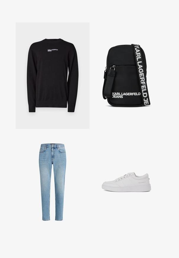 Schwarzer Strickpullover mit Rundhalsausschnitt, gerippten Bündchen und Saum, sowie einem weißen "KARL LAGERFELD JEANS" Logo auf der oberen Vorderseite.; Hellblaue Denim-Jeans mit einem lässigen Schnitt, Fünf-Taschen-Design und dezenten Abnutzungserscheinungen. Mit einem Markenpatch nahe der Taille.; Weiße Leder-Sneaker mit klassischem Low-Top-Design, flacher Sohle und dezentem Markenlogo an der Ferse. Verfügt über fünf Metallösen für die Schnürsenkel.; Schwarze Stoff-Crossbody-Tasche mit rechteckiger Form, ausgestattet mit einer Reißverschlusstasche an der Vorderseite und einem kontrastierenden Logo-Gurt in Weiß.