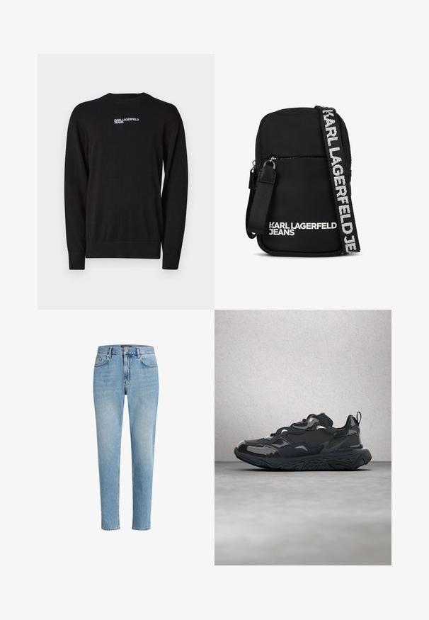 Sort striktrøje med rund halsudskæring, ribkantede manchetter og kant, med hvid "KARL LAGERFELD JEANS" logo på den øverste front.; Lyseblå denimjeans med en afslappet pasform, fem-lomme-design og diskret slitage. Har et mærketikette nær livet.; Sort løbesko med tekstureret overdel, glatte detaljer og en chunky sål med bølgemønster, designet for komfort og holdbarhed.; Sort stof crossbody tas med rektangulær form, der har en lynlåslukket frontlomme og en kontrasterende logo-rem i hvid.