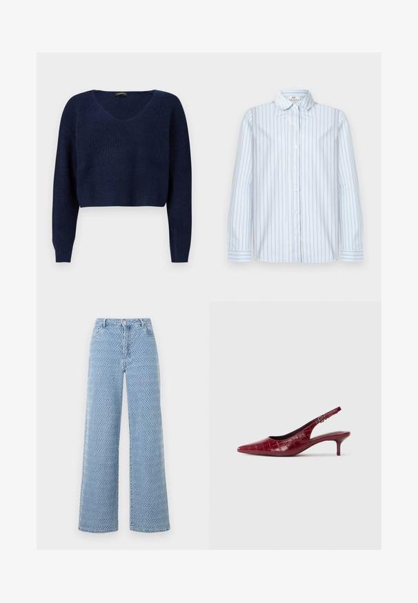 Pull court bleu marine avec un col en V, des manches longues et un motif en maille texturée. Conçu pour une coupe décontractée.; Chemise à manches longues bleu clair avec des fines rayures verticales bleu marine et rouges et un col pointu, posée à plat sur un fond blanc.; Jean large taille haute bleu clair avec un motif texturé ondulé, bouton avant, fermeture éclair et passants pour ceinture.; Escarpin à talon kitten en cuir bourgogne avec texture crocodile, bout pointu, bride ajustable et talon bas sur fond blanc.