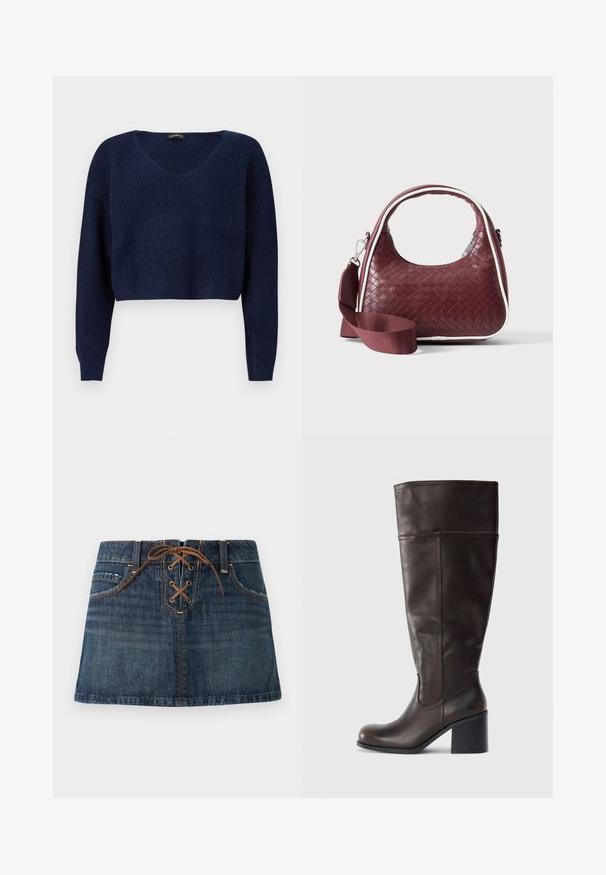 Pull court bleu marine avec un col en V, des manches longues et un motif en maille texturée. Conçu pour une coupe décontractée.; Jupe mini en denim bleu foncé avec poches avant et un détail à lacets marron à la taille.; Botte en cuir marron hauteur genou avec un bout rond et un talon empilé. Présente une texture lisse et des coutures latérales.; Sac à main en cuir tressé marron foncé avec poignée courbée, garniture blanche, fermeture éclair argentée et bandoulière large en tissu amovible sur fond uni.