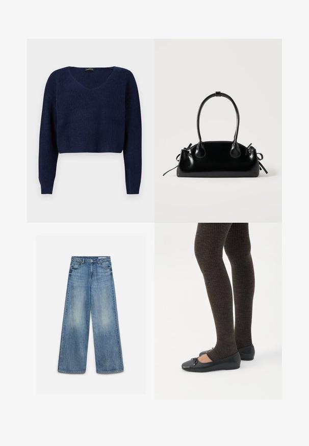 Pull court bleu marine avec un col en V, des manches longues et un motif en maille texturée. Conçu pour une coupe décontractée.; Jean en denim bleu à jambes larges avec un effet délavé à l'avant, bouton avant, fermeture éclair et poches avant avec passants de ceinture.; Jambes portant des leggings côtelés foncés associés à des ballerines noires avec de petits détails en nœud sur fond blanc.; Petit sac à main noir brillant avec deux longues anses et des détails à cordon sur les côtés sur un fond clair uni.