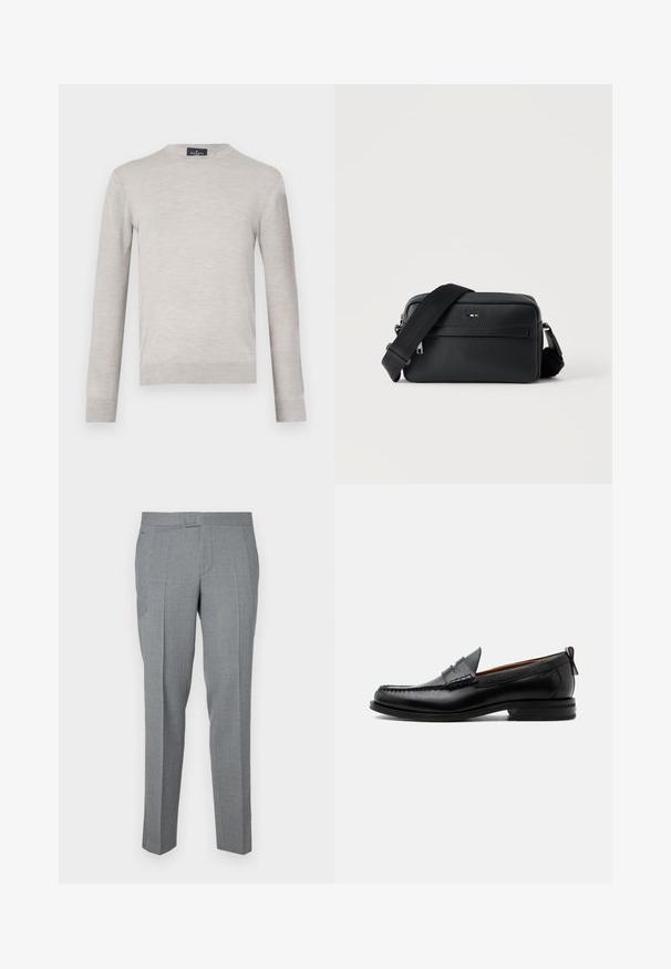Suéter gris claro, hecho de una tela suave, cuenta con mangas largas y un escote redondo. Diseño simple con puños y dobladillo acanalados.; Pantalones grises a medida hechos de una tela texturizada, con un diseño de frente plano, trabillas para cinturón y dos bolsillos laterales. Diseño de pierna recta.; Mocasín de hombre de piel negra con costura moc toe, tira penny, cuello texturizado y tacón bajo apilado sobre fondo blanco.; Bolso bandolera negro de cuero texturizado con bolsillo frontal con cremallera y correa de hombro ancha de tela ajustable sobre fondo blanco.