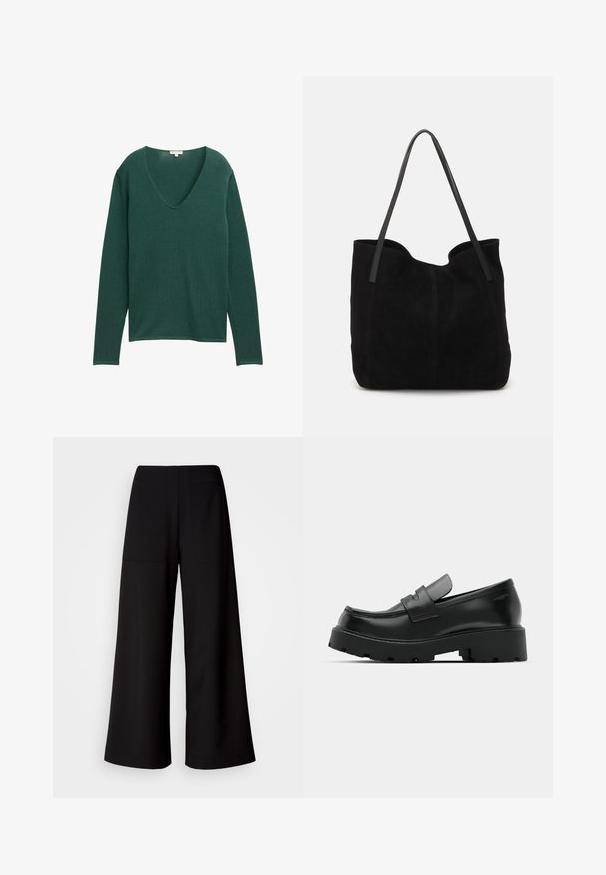 Grøn, langærmet sweater med en dyb V-udskæring, lavet af blødt stof. Har en afslappet pasform og en subtil, glat tekstur.; Sorte vide bukser med en glat tekstur, der har to baglommer og et højt talje-design, som giver en afslappet silhuet.; Sorte læder loafers med en chunky tekstureret sål, der har en rem over vamps og en glat, poleret finish.; Sort ruskinds totemed med to lange, flade læderremme. Har en buet topkant og synlige stikninger langs forsiden. Ingen hardware-dekorationer.